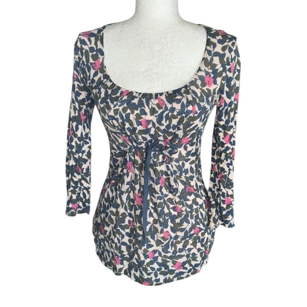 Boden Floral Print Tie Waist Scoop Neck 3/4 Sleeve Lyocell Knit Top - 2 / XS